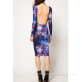 Elegant Midi Backless Evening Dresses With Floral Print And Long Sleeve